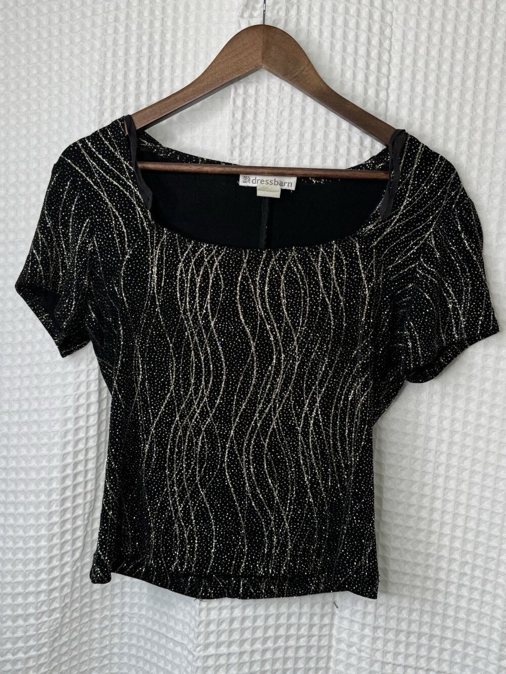 Dressbarn Women’s S Black Gold Metallic Glitter Velvet Square Neck Top Y2K